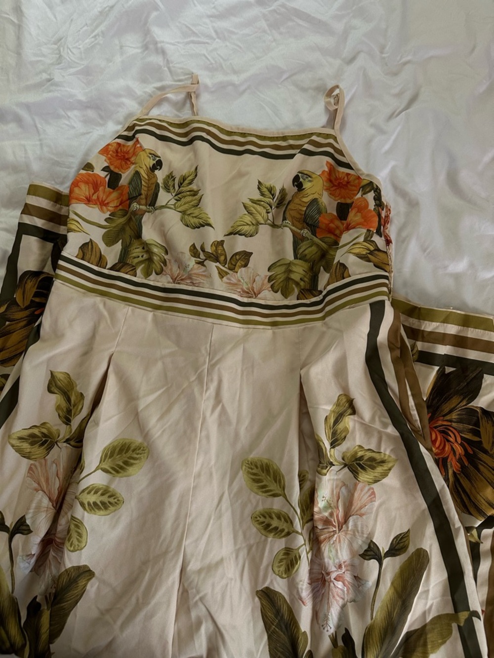 Floral Parrot Print Sundress in Cream and Olive w/pockets